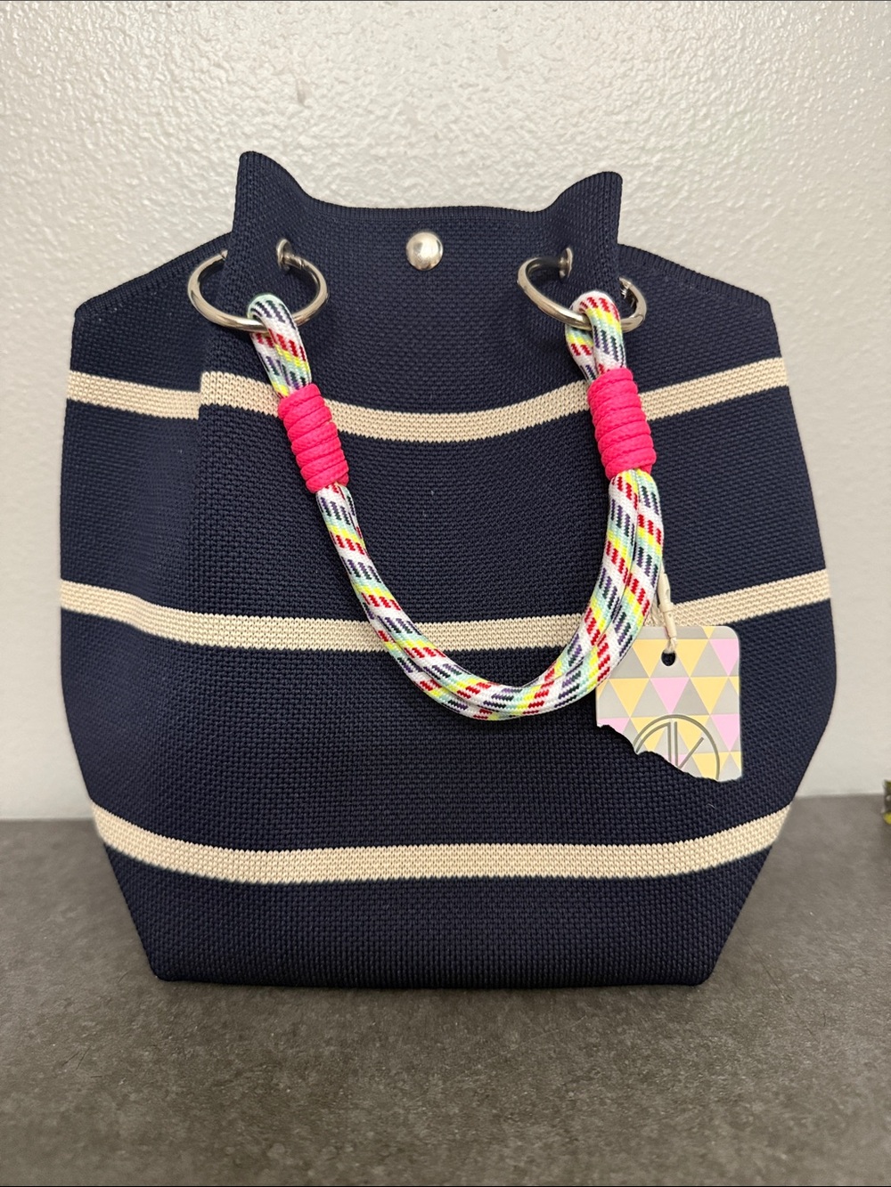 Navy Striped Rope Handle Tote Bag